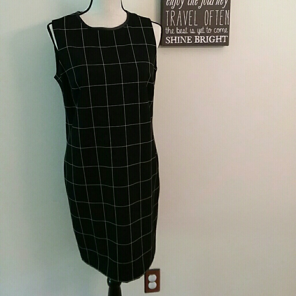 RALPH LAUREN WindowPane Check Leather Trim Dress